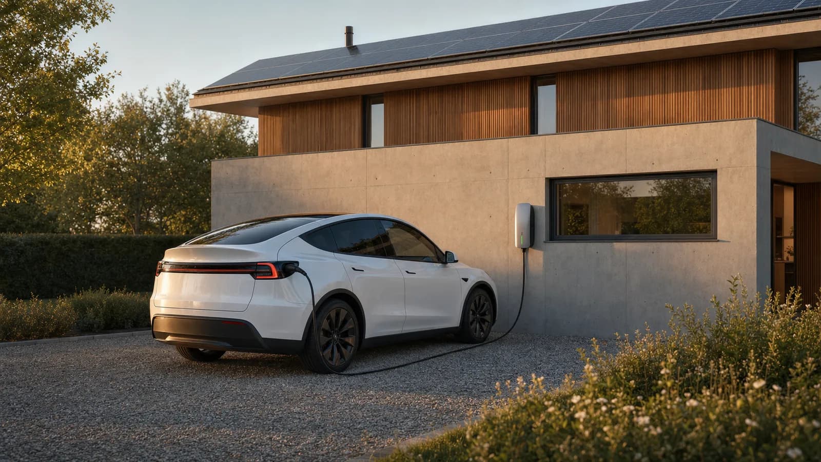 Elektroauto lädt an der Wallbox an der Hausfassade, Morgenlicht