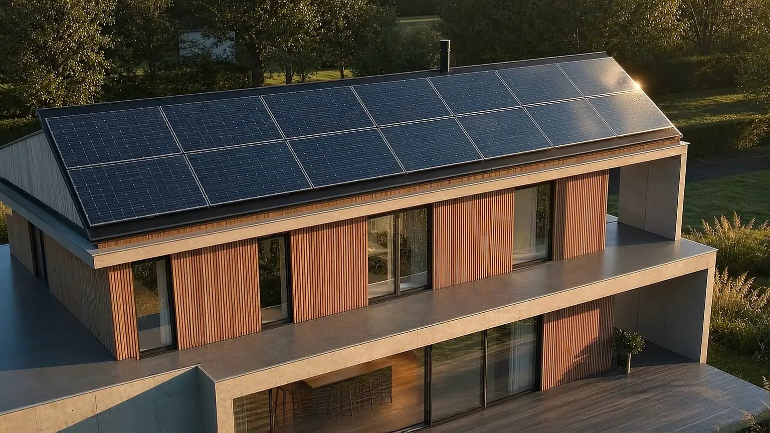 Photovoltaikmodule auf dem Flachdach in der Morgensonne